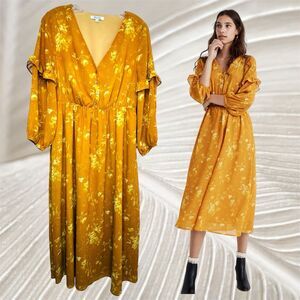 Madewell womens Fall Prairie Midi Dress Floral Mustard Long Sleeve Small Size 4